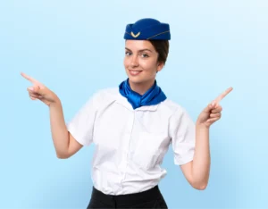 airplane stewardess caucasian woman isolated white background pointing finger laterals happy scaled