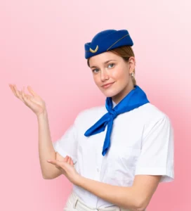 airplane stewardess woman isolated white background extending hands side inviting come