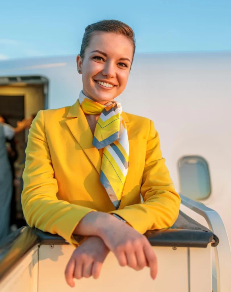 cheerful flight attendant standing near aircraft door 1
