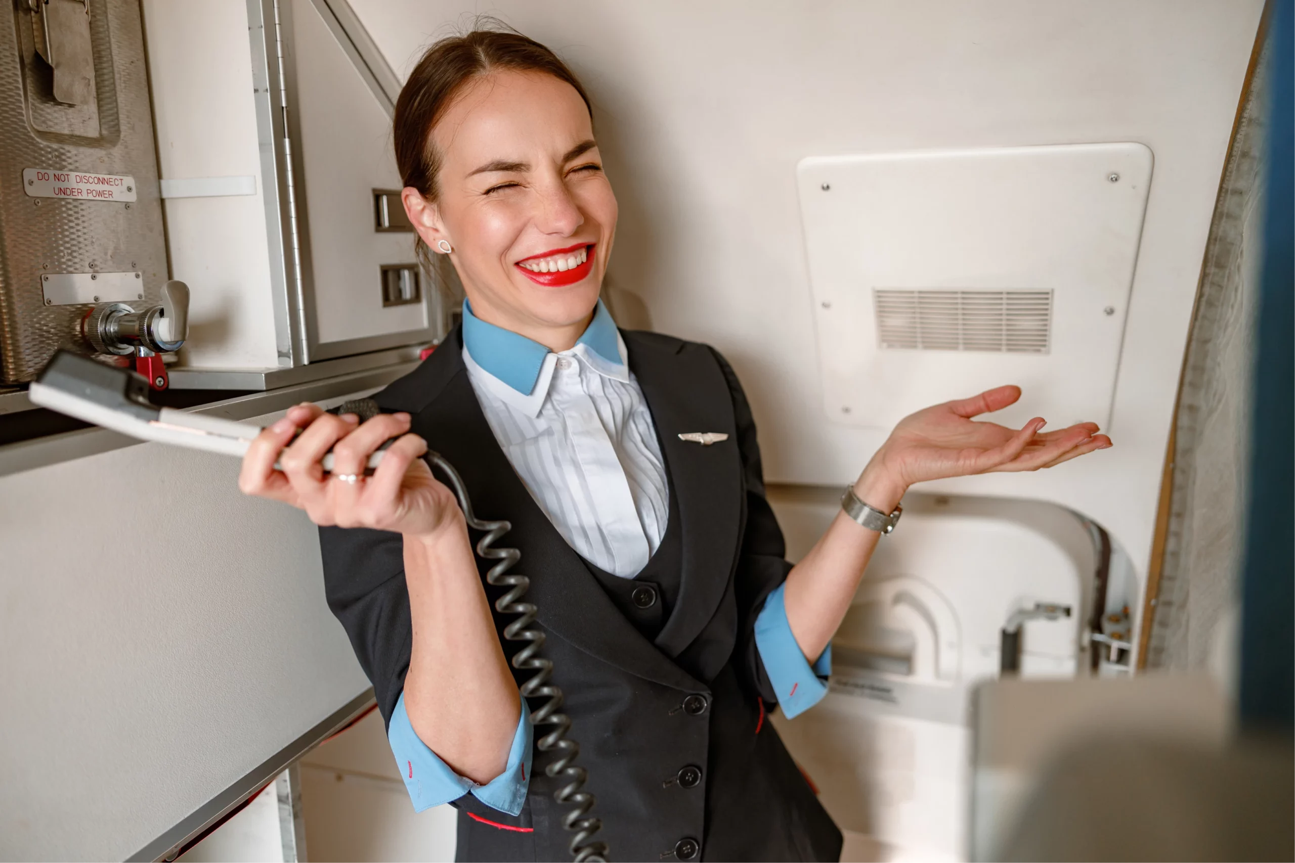 cheerful flight attendant with telephone standing aircraft cabin 1 scaled